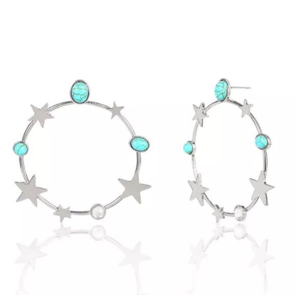 Celestial Star Turquoise Crystal Silver Tone Constellation Hoop Earrings NWT - Picture 1 of 6